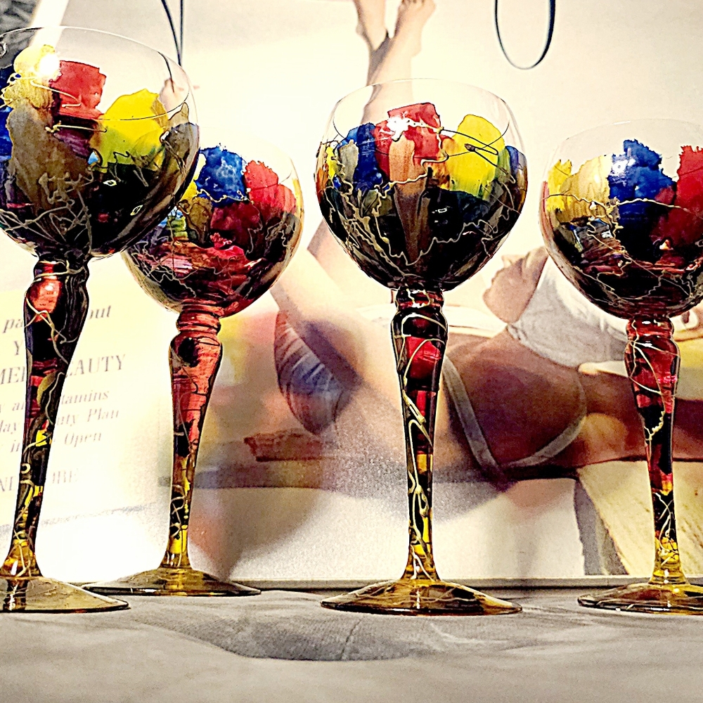Romanian Art Crystal Wine Glasses Hand Blown Royal Danube Abstract Multicolor 16